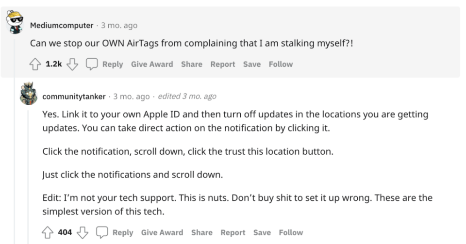 Sur Reedit, un utilisateur demande « Est-ce que l’on peut stopper les alertes de harcèlement de son propre AirTag ? Source : Numerama