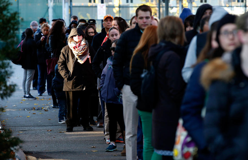 Lining up to vote in Boston, Mass.