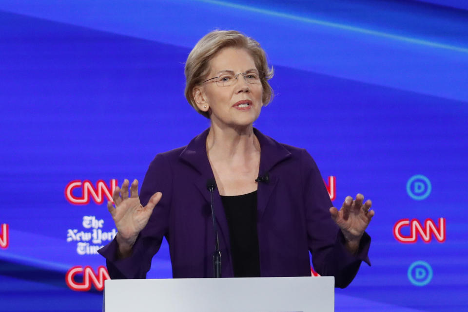 Democratic presidential candidate Sen. Elizabeth Warren, D-Mass., speaks during a Democratic presidential primary debate hosted by CNN and The New York Times at Otterbein University, Tuesday, Oct. 15, 2019, in Westerville, Ohio. (AP Photo/John Minchillo)