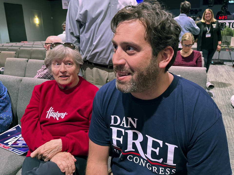 Michael Tiedeman, chairman of the Sarpy County GOP in Nebraska, talks to attendees at a rally held Tuesday evening, April 9, 2024, in Omaha, Neb., by the state Republican Party. Conservative activist Charlie Kirk headlined the rally to call on Nebraska to switch to a winner-take-all method of awarding Electoral College votes ahead of this year's hotly contested presidential election. Nebraska has five presidential electoral votes, but allows the votes tied to its three congressional districts to be split based on the popular vote within each district. Maine is the only other state to split its electoral votes. (AP Photo/Margery Beck)