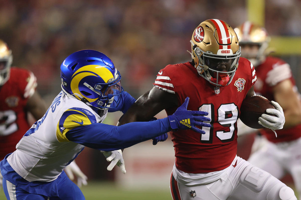 Defensive back (21) Russ Yeast of the Los Angeles Rams warms up before  playing against the San Francisco 49ers in an NFL football game, Monday,  Oct. 3, 2022, in Santa Clara, Calif. (