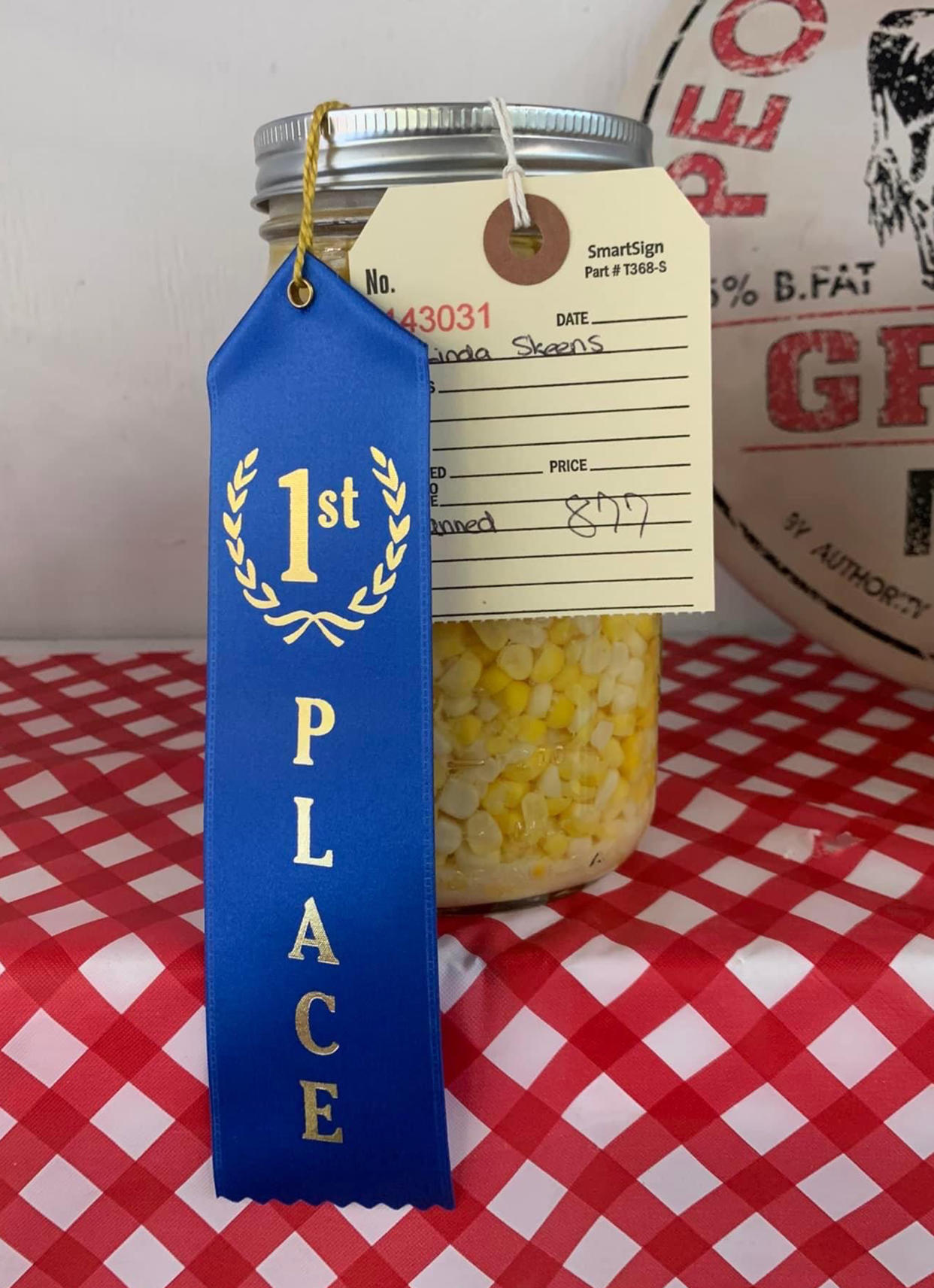 Linda Skeens’ winning canned corn, seen here in the most perfectly Americana photo ever taken. (Emma Chandler)