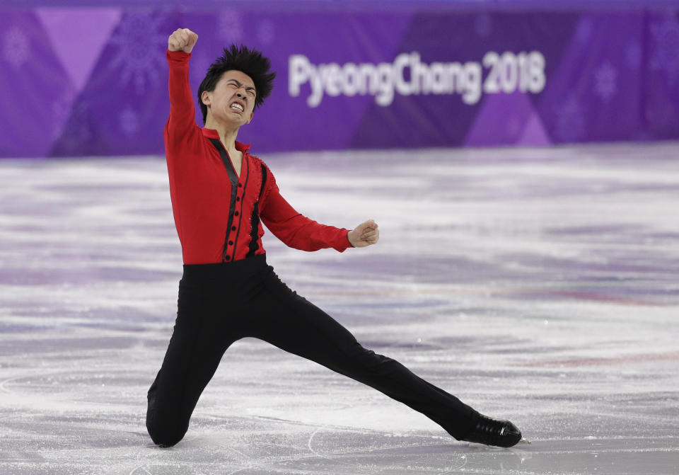 Vincent Zhou reacts following his performance in the men’s free figure skating final at the 2018 Winter Olympics. (AP)