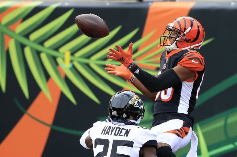 Cincinnati Bengals wide receiver Tyler Boyd (83) makes the touchdown catch under pressure from Jacksonville Jaguars D.J. Hayden (25) during the first half of play at Paul Brown Stadium in Cincinnati, Ohio, Sunday, October 4, 2020. Photo by John Sommers II /UPI