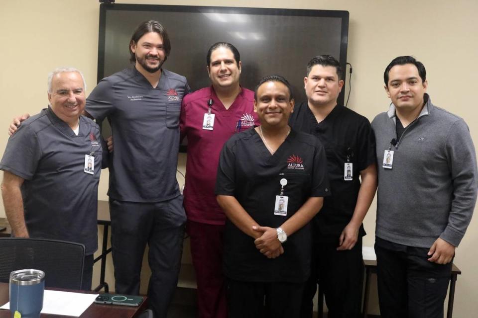 Doctors from the AB 1045 Mexico Pilot program for Altura Centers for Health on September 7, 2023. Left to right: Jorge Ruiz Rivera, Atura's Chief Medical Officer in charge of the doctors, Dr. Andrés Benincore, Gonzalo Puente, Faustino Raúl Reséndiz, Jorge Rocha, and Rodrigo De La Cruz.