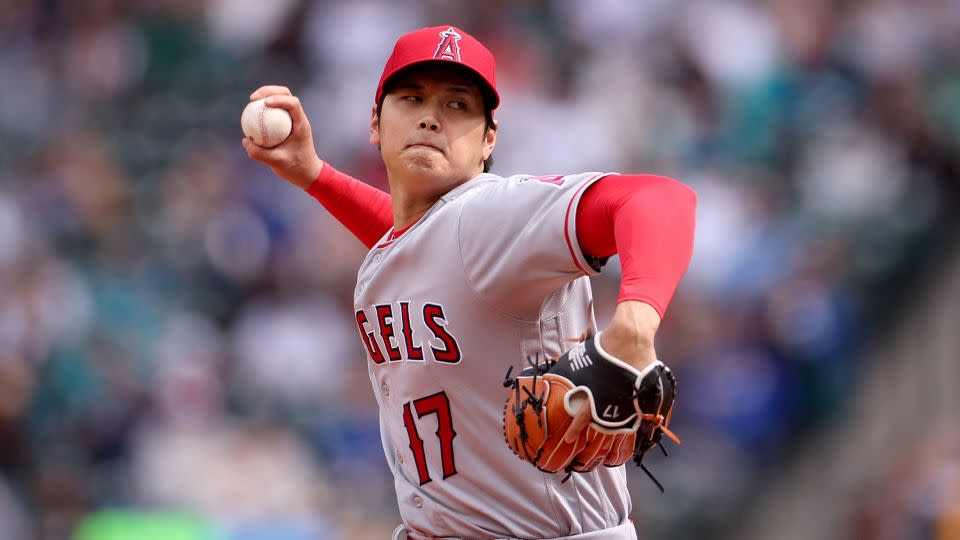 Ohtani pitches during the first inning against the Seattle Mariners. - Steph Chambers/Getty Images