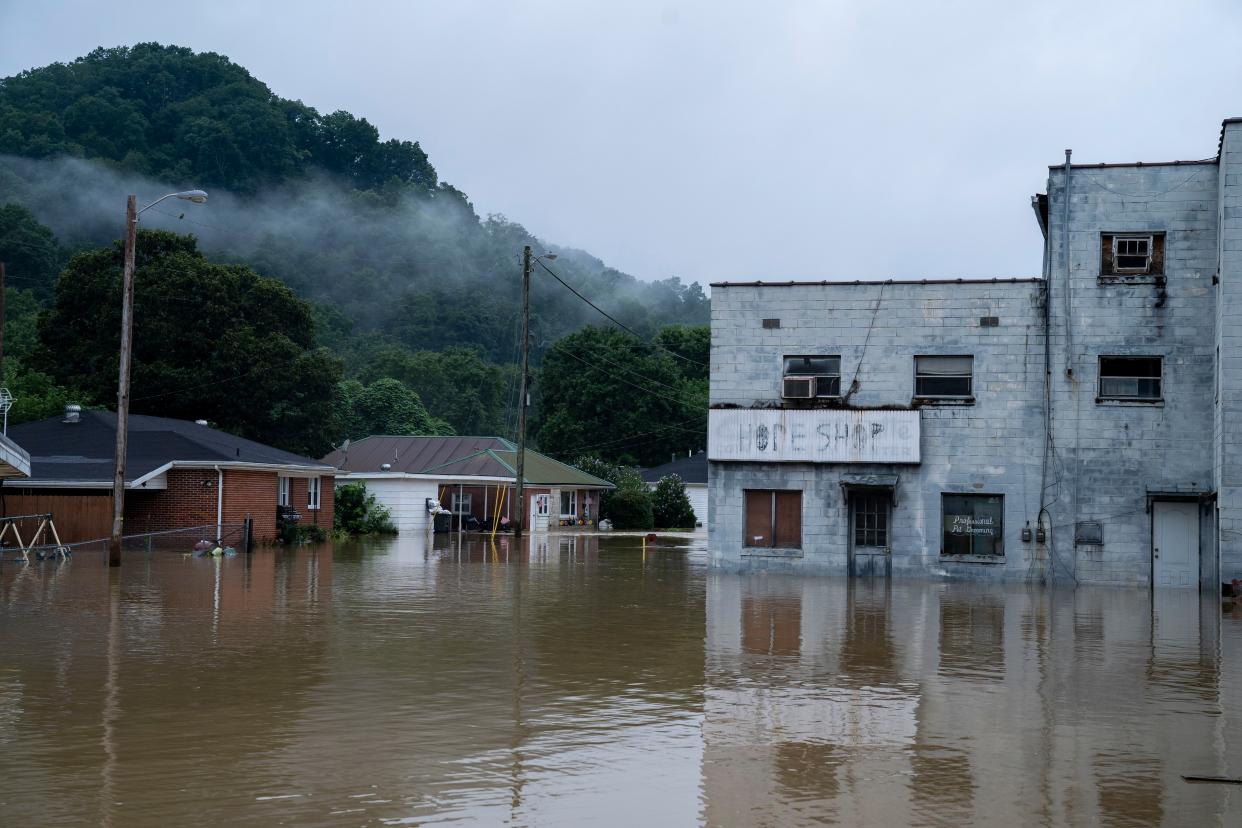 Flooding in downtown Jackson, Kentucky on July 29, 2022 in Breathitt County, Kentucky. 