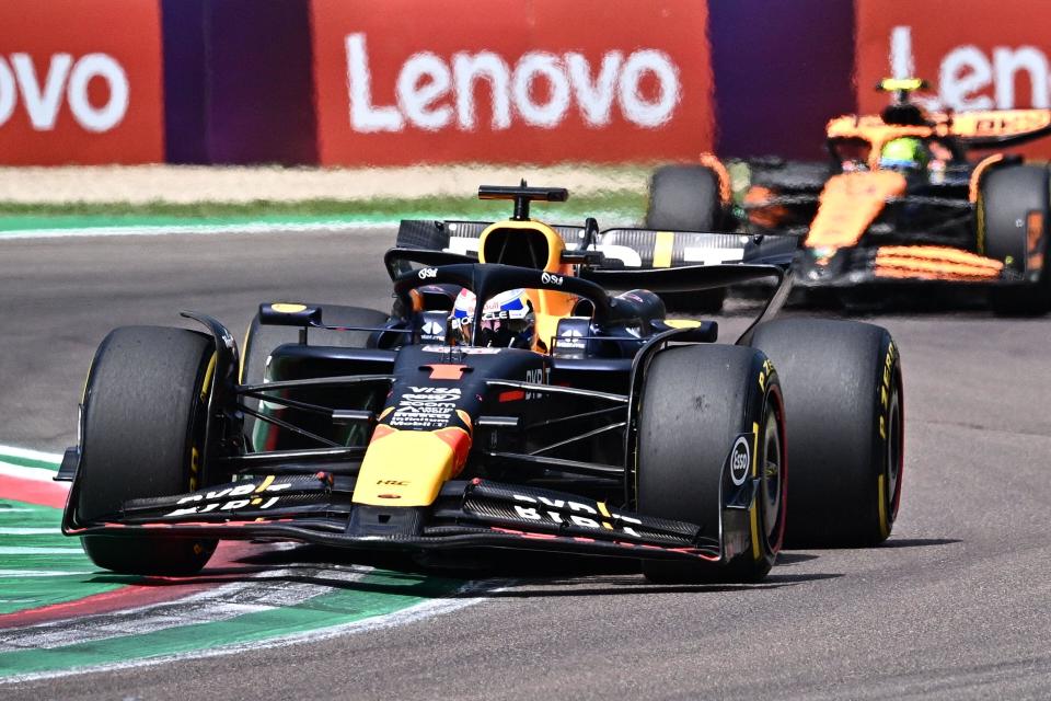 Max Verstappen leads at Imola from Lando Norris