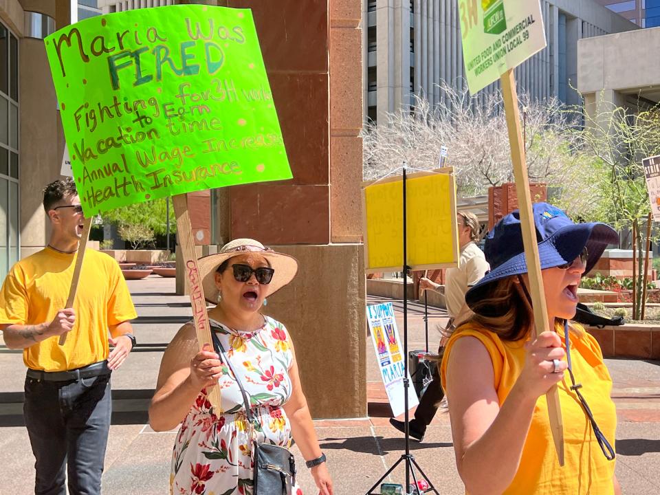 Maria Sanchez protests her own termination outside Phoenix City Hall, April 10, 2024. Sanchez cleaned the offices of mayors, council members and city managers for a decade. She was fired for dress code from 3H & 3H, a city contractor.