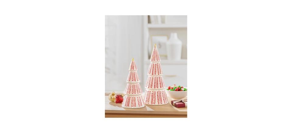 Balsam Hill Nordic Charm Ceramic Tabletop Tree Set, red and white, on a counter
