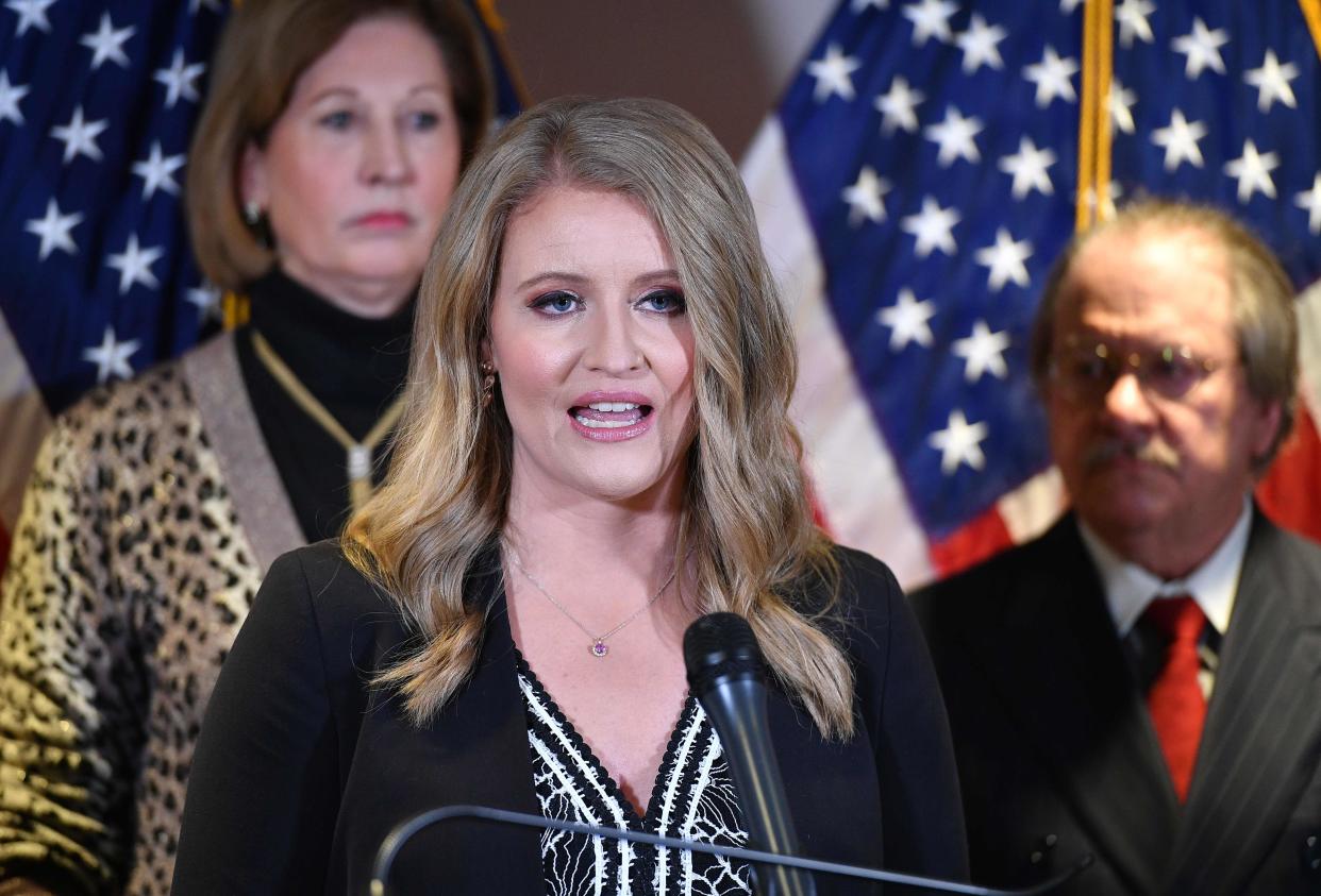 A Nov. 19, 2020, photo shows attorney Jenna Ellis speaking during a press conference at the Republican National Committee headquarters in Washington, D.C.