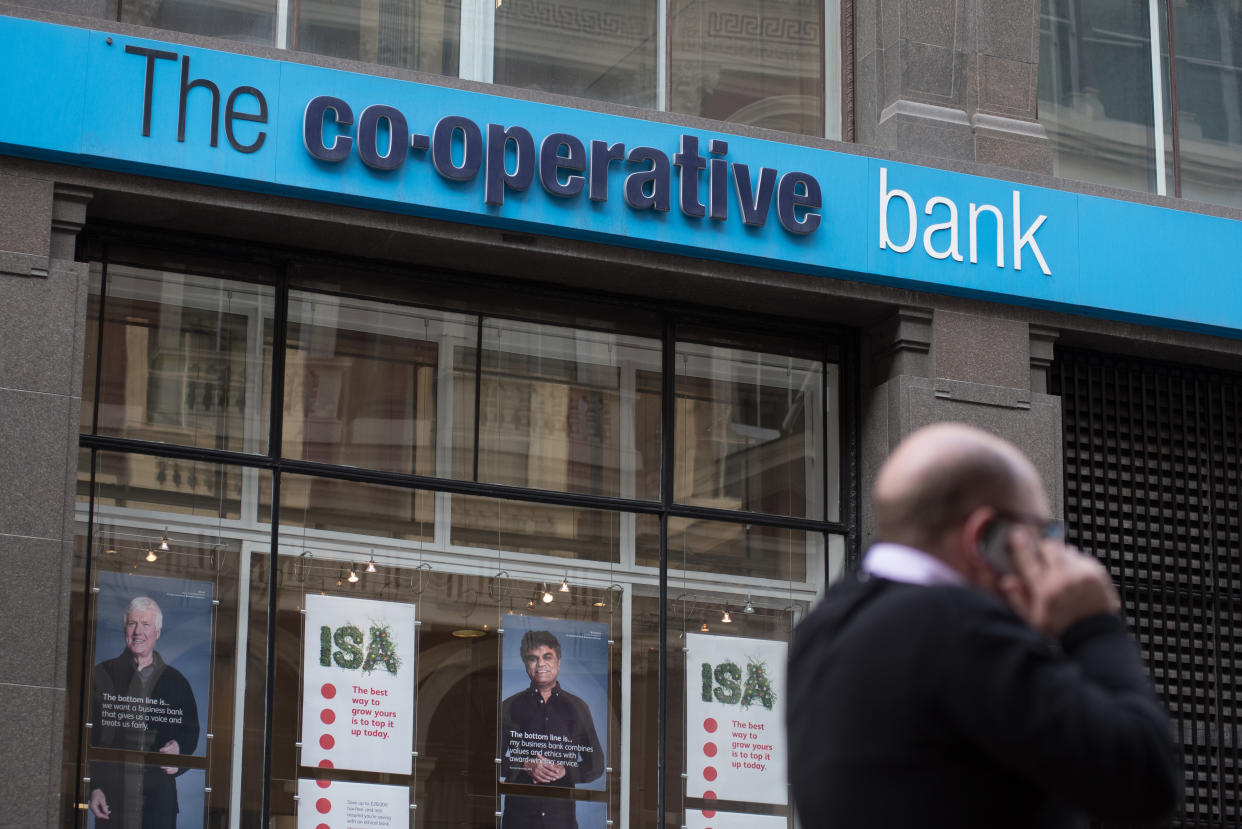 LONDON, ENGLAND - APRIL 05: A general view of a branch of the Co-operative bank at Cornhill on April 5, 2019 in London, England. (Photo by John Keeble/Getty Images)