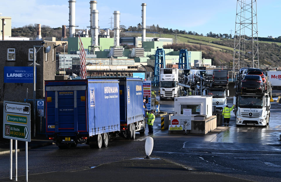 LARNE, NORTHERN IRELAND - JANUARY 17: Goods vehicles are checked as they arrive and exit at the port of Larne harbour estate on January 17, 2023 in Larne, Northern Ireland. Following a joint statement by British foreign secretary James Cleverly and EU negotiator Maros Sefcovic, the EU and the British government have pledged to continue intensive talks on the Northern Ireland protocol, but announced no breakthrough amid a growing expectation that Stormont elections could be postponed again in the coming days. Northern Ireland has been without a functioning government since the collapse of the Stormont assembly with the unionist DUP party refusing to form a power sharing executive unless their demands are met regarding the NI protocol. (Photo by Charles McQuillan/Getty Images)