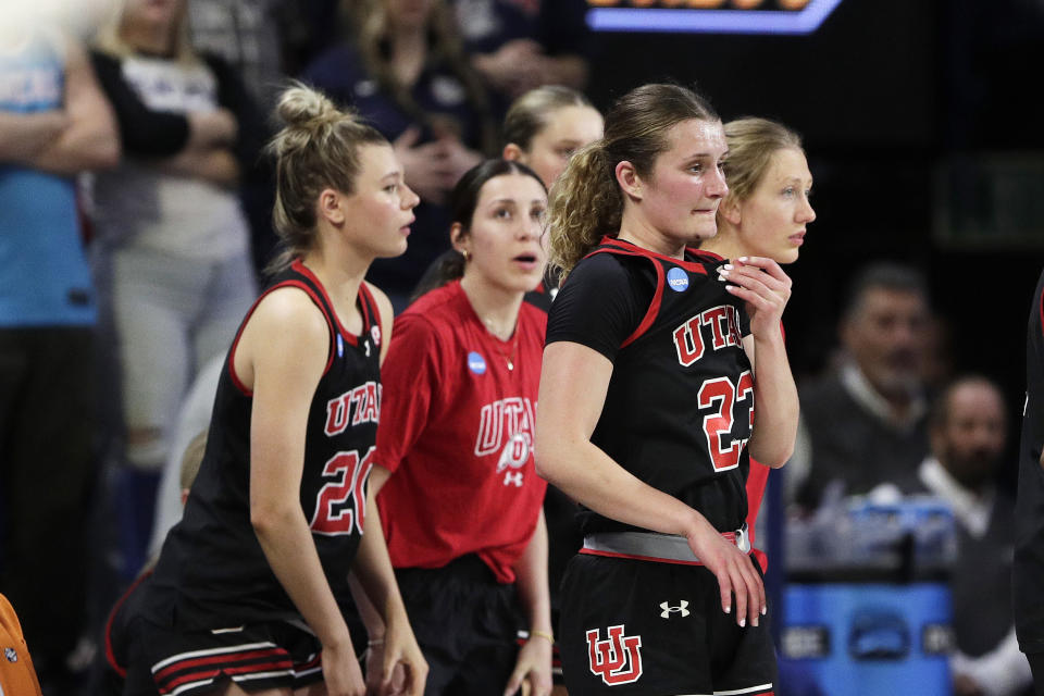 FILE - Utah players walk to a timeout late in a second-round college basketball game against Gonzaga in the NCAA Tournament in Spokane, Wash., Monday, March 25, 2024. Police investigating racist incidents directed toward the Utah women's basketball team when they were near their Idaho hotel while in town last month for the NCAA Tournament said in a Wednesday, April 3, post on Facebook, they've found an audio recording, in which the use of a racial slur was clearly audible.(AP Photo/Young Kwak, File)