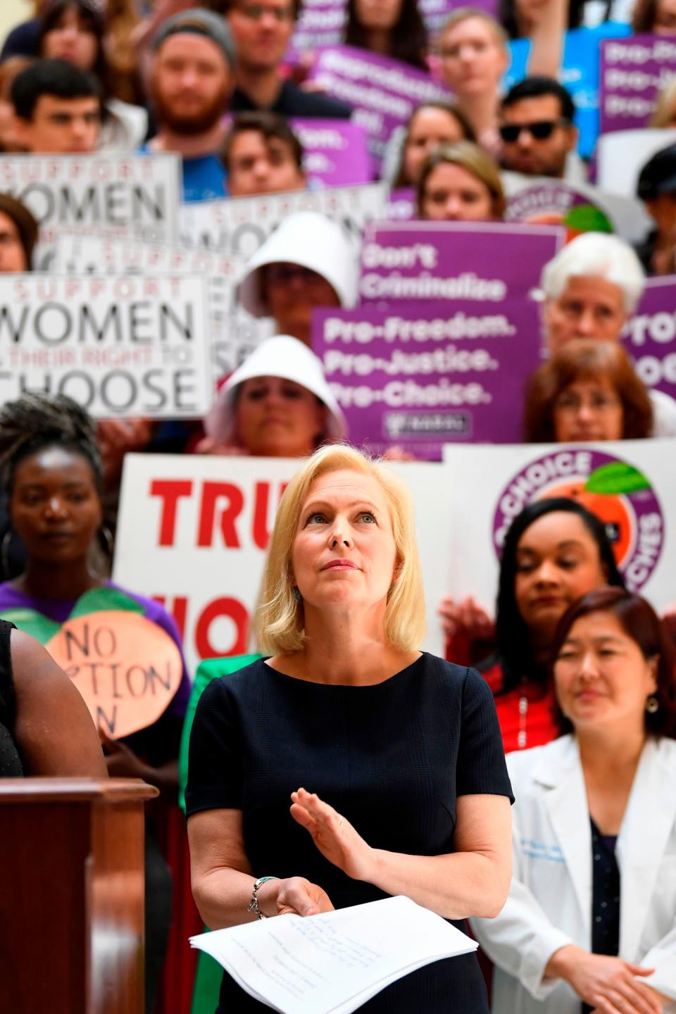 Democratic presidential candidate Sen. Kirsten Gillibrand (D-NY) attends an event at the Georgia State Capitol to speak out against the recently passed "heartbeat" bill on May 16, 2019 in Atlanta, Georgia. - The bill, which bans abortions after a fetal heartbeat is detected around six weeks, was signed on May 15 by Alabama Governor Kay Ivey. Under the new measure, expected to come into effect in six months, performing an abortion is a crime that could land doctors in prison for up to 99 years.