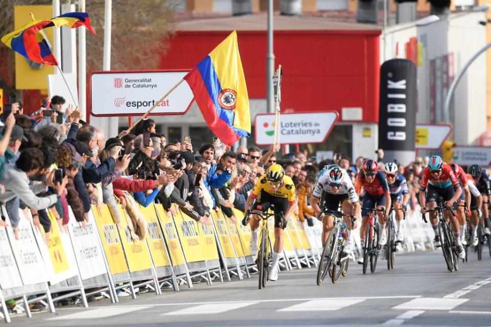 Team Jumbos Slovenian rider Primoz Roglic L crosses the finish line first ahead of QuickStep Belgian rider Remco Evenepoel 2L during the 1st stage of the 2023 Tour of Catalonia cycling race a 1645 km loop starting and finishing in Sant Feliu de Guixols on March 20 2023 Photo by Josep LAGO  AFP Photo by JOSEP LAGOAFP via Getty Images