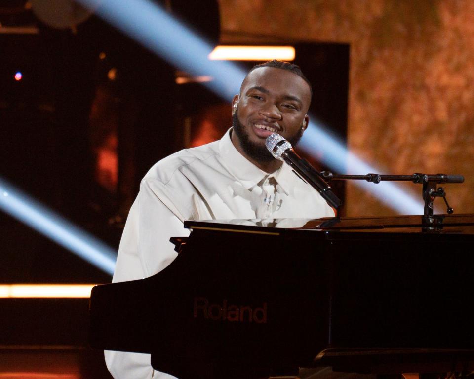 Top 12 contestant Roman Collins performs on Season 22, Episode 13, of "American Idol," airing April 22, 2024.