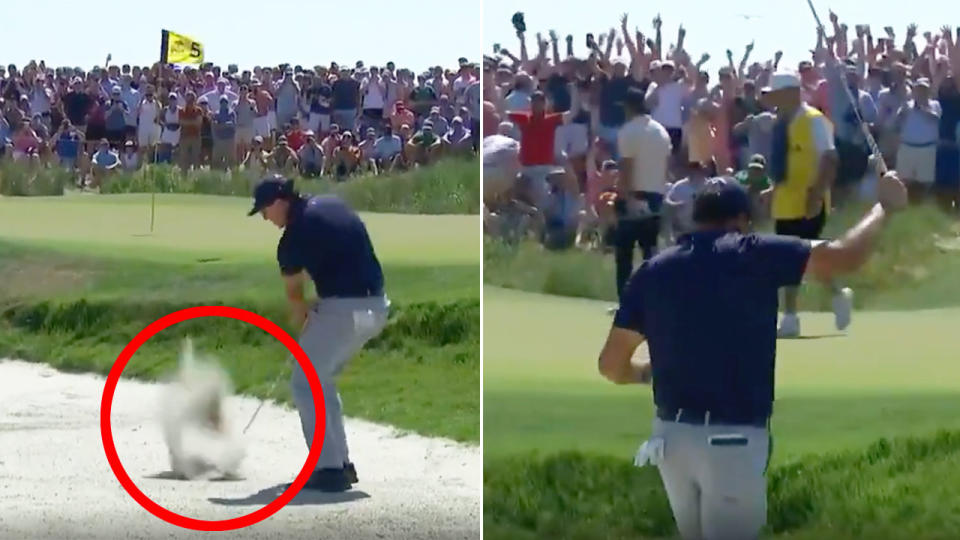 Pictured here, Phil Mickelson's incredible birdie from the bunker at five.