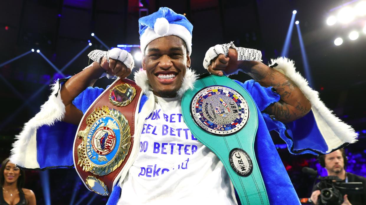  Jared Anderson celebrates after defeating Jerry Forrest, uring their heavyweight fight at Madison Square Garden  