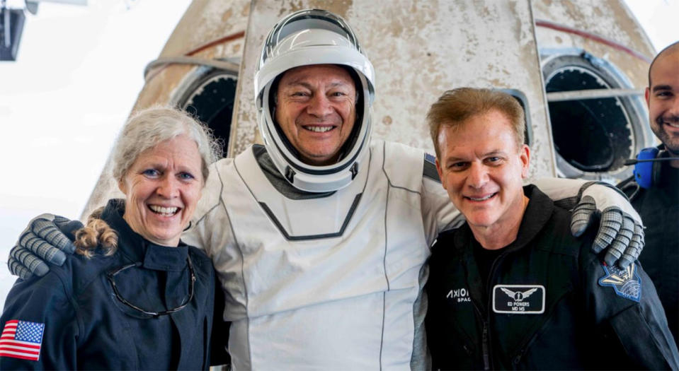 Ax-3 commander Michael López-Alegría smiles as he is helped out of the Crew Dragon and onto the deck of the recovery ship Shannon.  / Credit: SpaceX