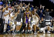 Mar 29, 2019; Washington, DC, USA; Michigan State Spartans forward Gabe Brown (13) celebrates after a basket during the second half against the LSU Tigers in the semifinals of the east regional of the 2019 NCAA Tournament at Capital One Arena. Mandatory Credit: Amber Searls-USA TODAY Sports