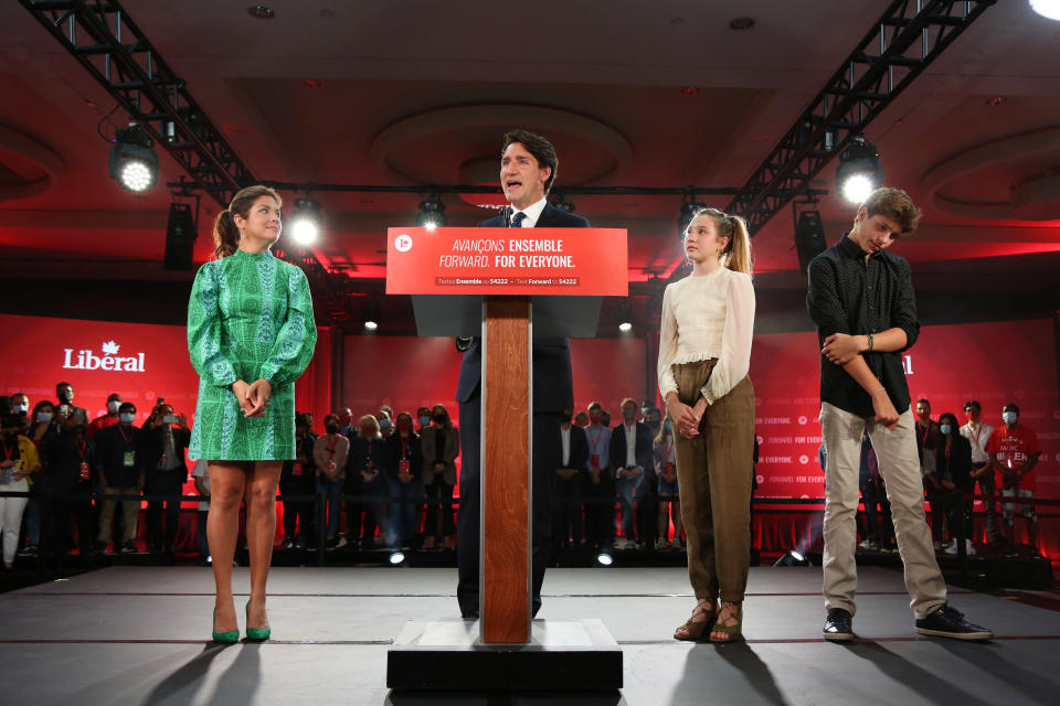 Trudeau delivered his victory speech beside his wife (left) on Sept. 20, 2021 in Montreal, Canada. (Photo by Dave Chan/Getty Images)