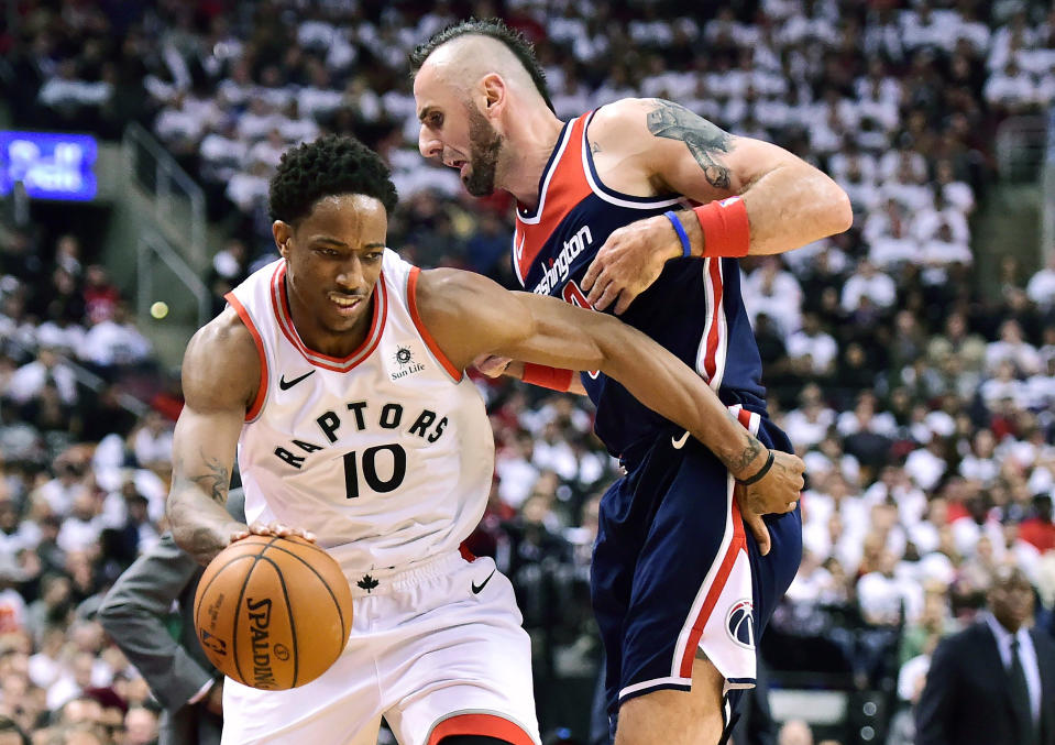 DeMar DeRozan and the Raptors rallied from a slow start on Saturday to top the Wizards and log their first-ever Game 1 playoff win. (AP)