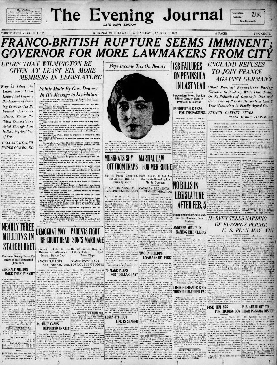 Front page of The Evening Journal from Jan. 3, 1923.