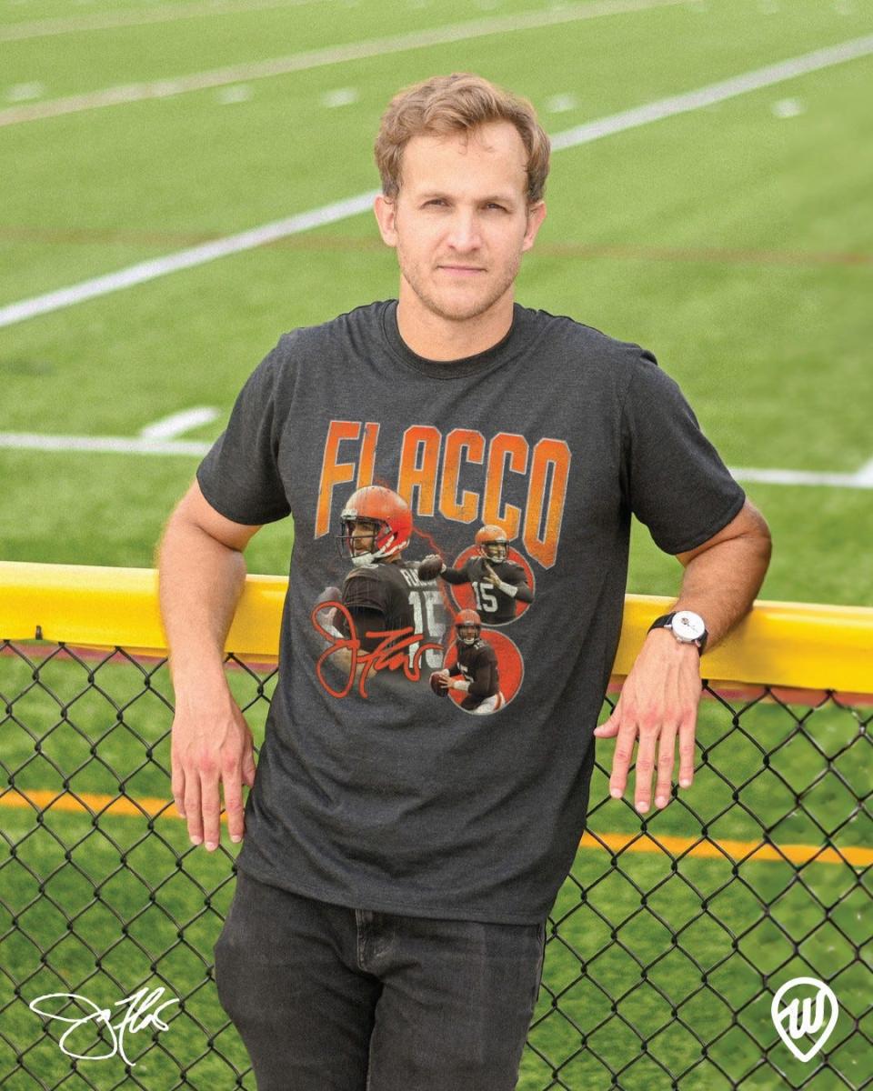 A Where I'm From model wears a Joe Flacco shirt being sold by the Ohio-based clothing brand co-founded by Canton natives Ryan Napier and Andrew VanderLind.