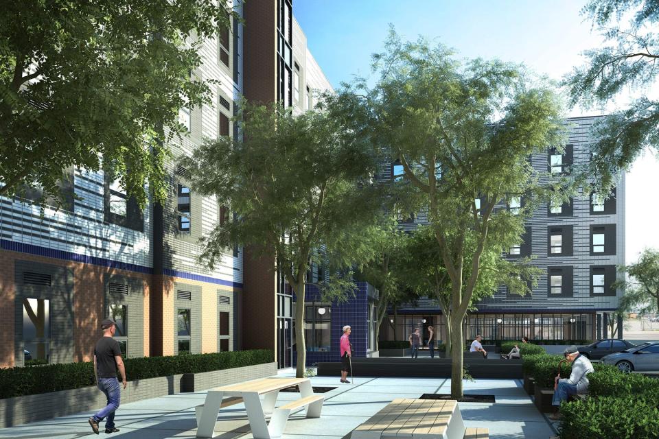 An artist's conception of a courtyard at the five-story apartment complex planned by Crossroads Rhode Island.