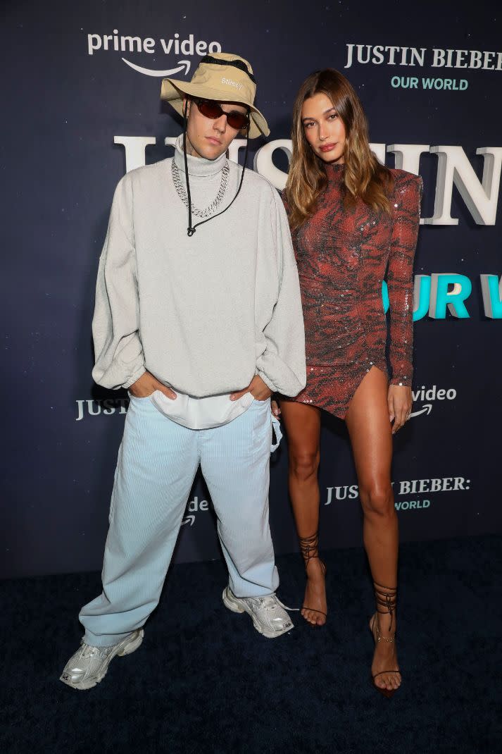 Justin Bieber and Hailey Baldwin attend the “Justin Bieber: Our World” premiere at Edge at Hudson Yards on Tuesday, Sept. 14, 2021, in New York. - Credit: AP