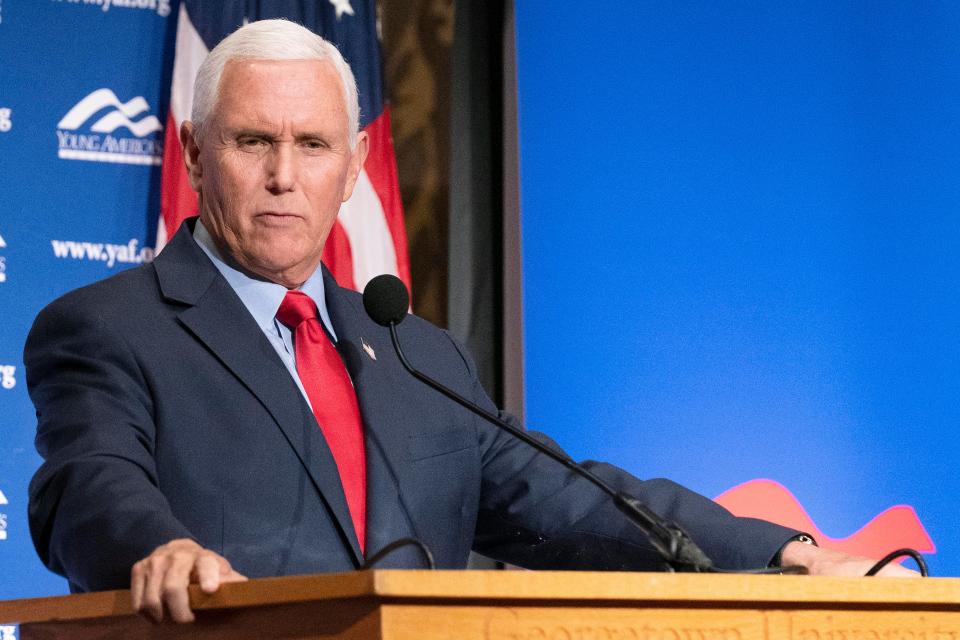 Former Vice President Mike Pence speaks at Georgetown University, Gaston Hall in Washington, Wednesday, Oct. 19, 2022.