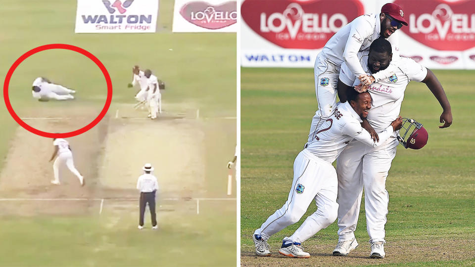 Rahkeem Cornwall (pictured right) taking the match-winning catch and teammates celebrating with Cornwall (pictured right) after a wicket. (Image: Twitter/Getty Images)