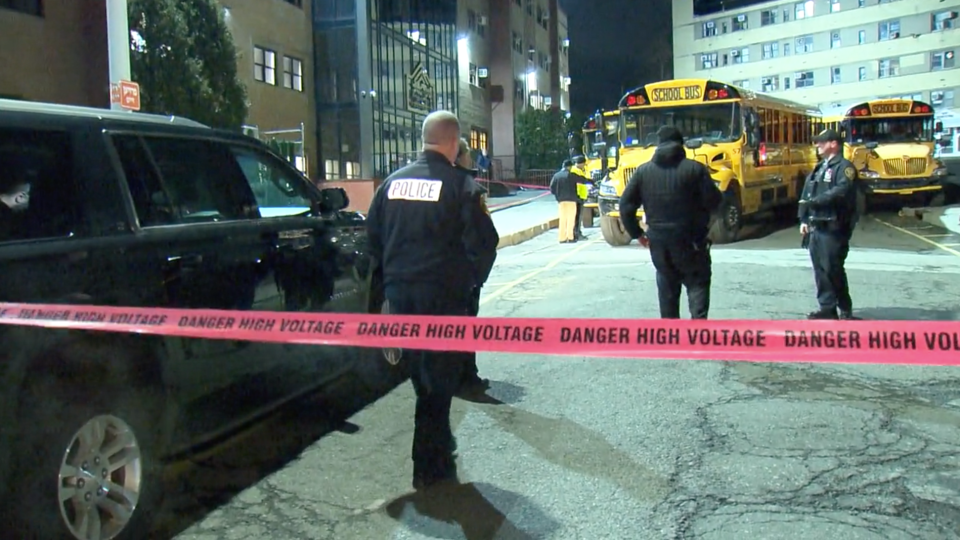 This still from video shows police at the scene where a child was struck by a school bus Monday, Jan. 29, 2024, in New Square, NY.