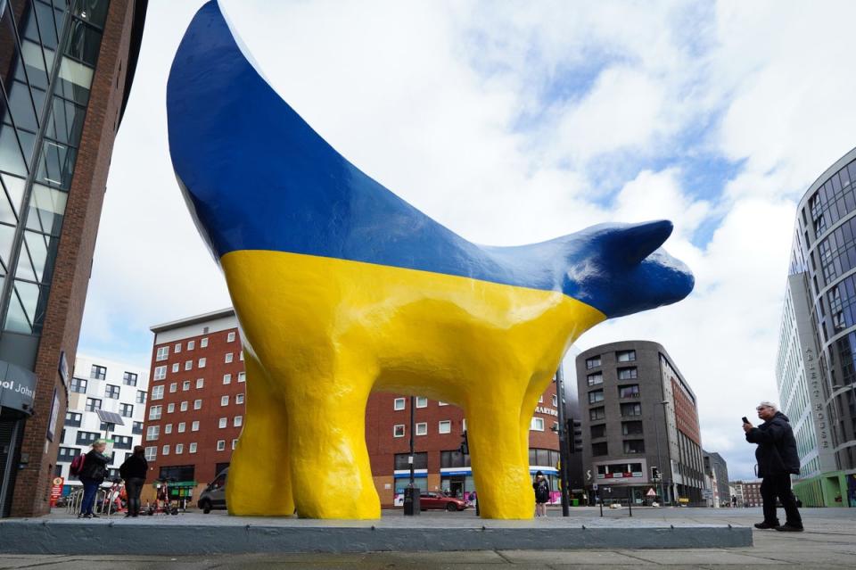 20 March 2023: The Superlambanana sculpture outside the Avril Robarts Library of Liverpool John Moores University painted in the colours of the Ukrainian flag, ahead of the city hosting the Eurovision Song Contest (PA)