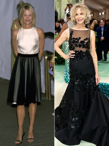 <p>Ron Galella/Ron Galella Collection via Getty; Dimitrios Kambouris/Getty</p> Meg Ryan attends the Met Gala in New York City in 2001 (L) and on May 6, 2024