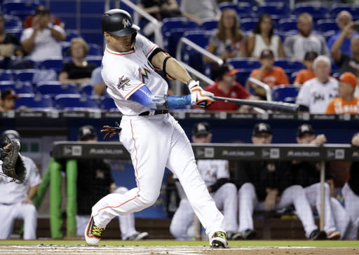 Giancarlo Stanton has been hitting a lot of home runs for the Marlins lately. (AP Photo/Lynne Sladky)