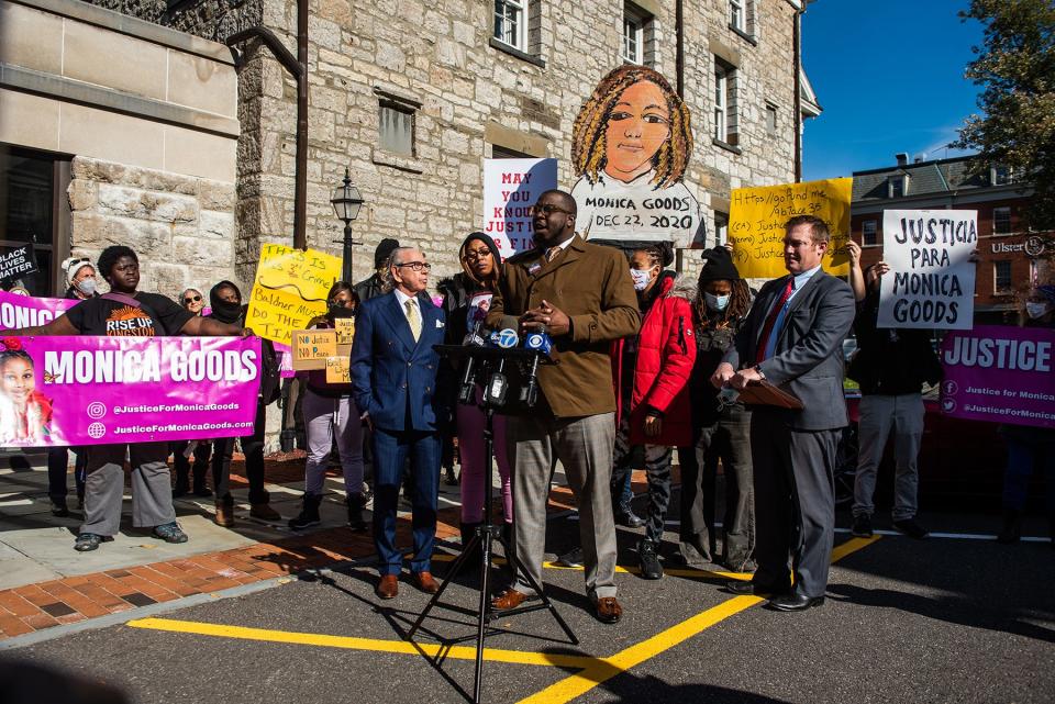 Rev. Kevin McCall talks during a press conference outside the Ulster County Courthouse after the bail hearing for New York State Trooper Christopher Baldner in Kingston, NY on Thursday, November 4, 2021. Baldner's bail was denied. KELLY MARSH/FOR THE TIMES HERALD-RECORD