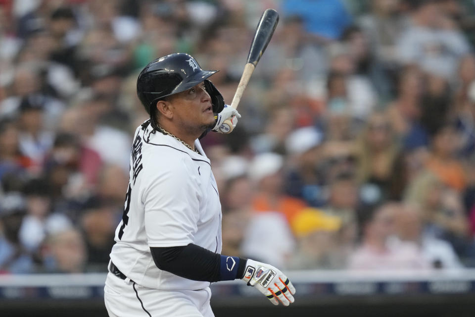 Detroit Tigers designated hitter Miguel Cabrera watches his double to center field during the fiffth inning of a baseball game against the Tampa Bay Rays, Friday, Aug. 4, 2023, in Detroit. (AP Photo/Carlos Osorio)