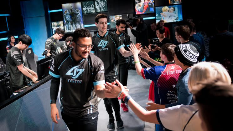 victorious CLG after a match, Counter Logic Gaming aphromoo and Stixxay NA LCS Week 9 2017