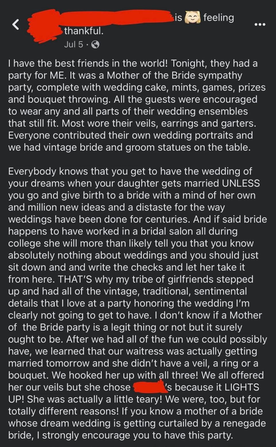 The image is a screenshot of a social media post with a text expressing gratitude for friends who threw a wedding-themed party after the author's wedding was canceled