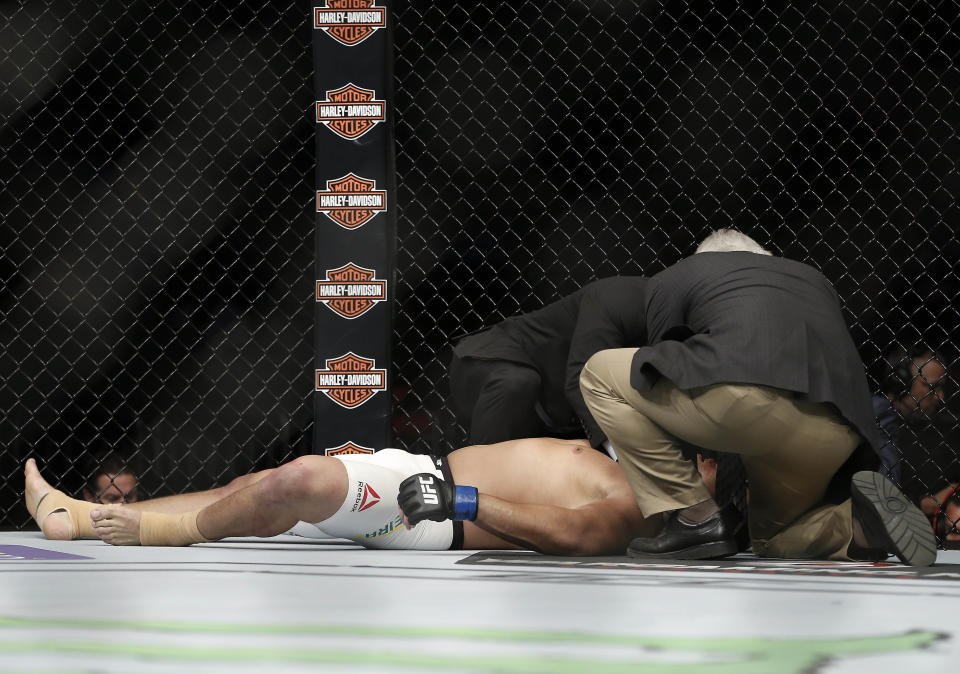 Luis Henrique is looked at following his knockout loss against Francis Ngannou during UFC Fight Night at Amway Center. (Reinhold Matay, USA TODAY Sports)