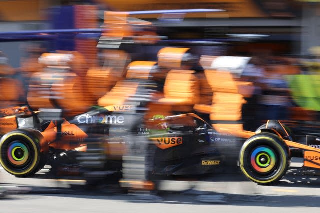 McLaren driver Lando Norris of Britain makes a pit stop during the Formula One Grand Prix in Baku, Azerbaijan