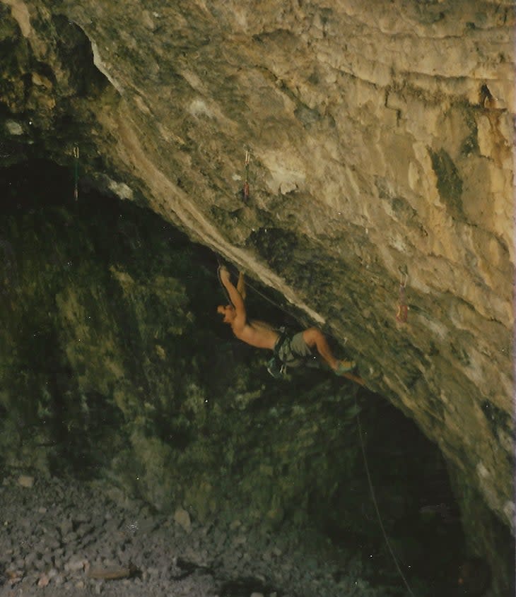 <span class="article__caption">Matt Samet on <em>Cannibals</em> (5.13d), Hell Cave, American Fork Canyon, Utah, during his food-limiting years, in the early 1990s--an approach to performance climbing that nearly cost him his life.</span>