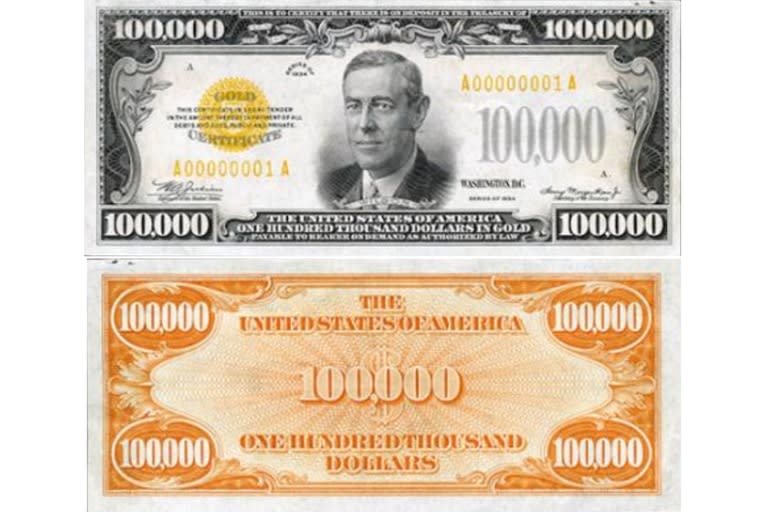 El billete de US$100.000 con la imagen de Woodrow Wilson