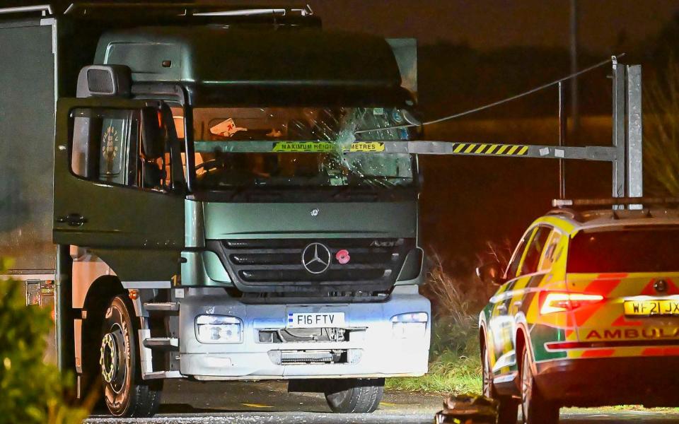 Emergency services had to treat the driver of a TV production lorry for injuries after gale force winds from Storm Isha blew the metal bar of a height restriction gate through the windscreen