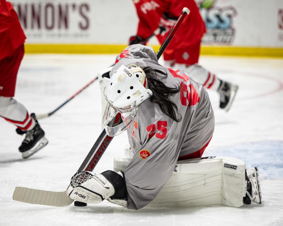 Team China takes to the ice for practice ahead of the 2024 IIHF Women's World Championship at the Adirondack Bank Center in Utica, NY on Tuesday, March 26, 2024.