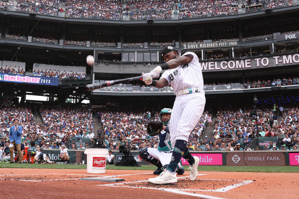 SEATTLE, WASHINGTON - JULY 10: Luis Robert Jr. #88 of the Chicago White Sox bats during the T-Mobile Home Run Derby at T-Mobile Park on July 10, 2023 in Seattle, Washington. (Photo by Steph Chambers/Getty Images)