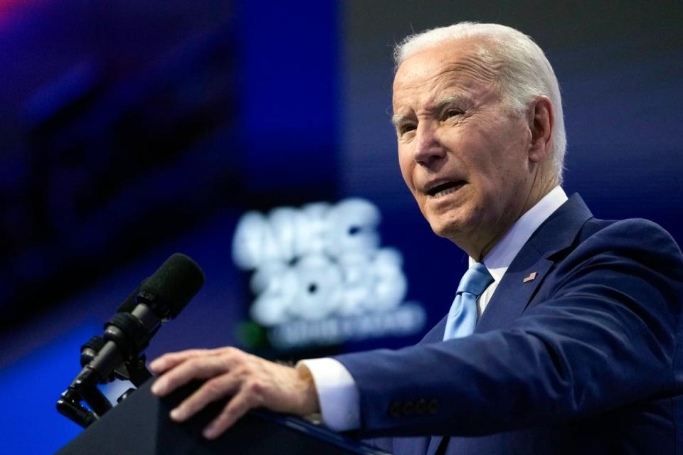 President Joe Biden speaks to a group of CEOs Thursday, Nov. 16, 2023, in San Francisco, at the annual Asia-Pacific Economic Cooperation conference (AP)