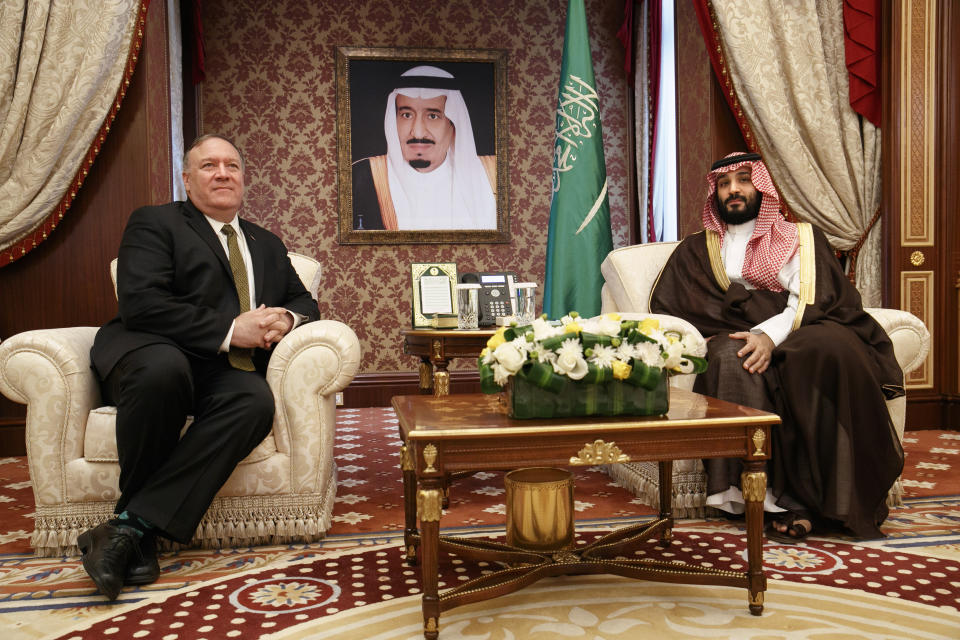 Secretary of State Mike Pompeo meets with Saudi Arabia's Crown Prince Mohammed bin Salman, at Al-Salam Palace in Jiddah, Saudi Arabia, Monday, June 24, 2019. (AP Photo/Jacquelyn Martin, Pool)